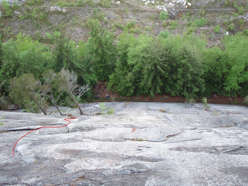 View down from the second belay. The bottom half of the pitch is solid hand crack with some challenging moves. The upper half turns to face climbing.