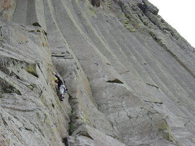 The climb ends at the small roof on the arete up and left of the climber's head.  Photo: Adam Sinner