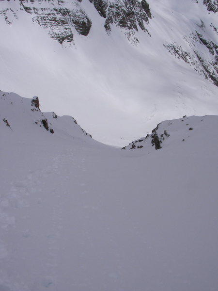 Looking down at my boot pack up the north couloir