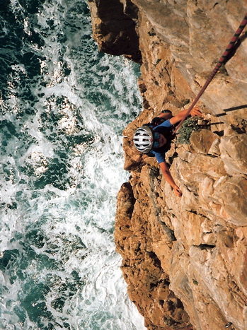 Tristan, 7, climbing his first sea cliff