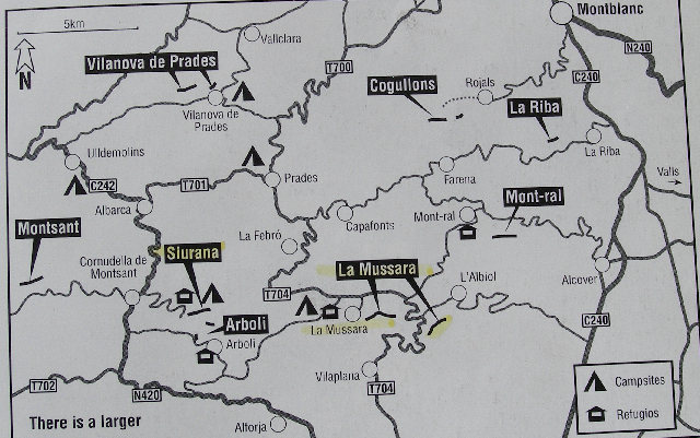 This map shows the Refugio and camping at La Mussara, as well as some of the nearby cliffs.  We drove 12.5 km (about 7 miles) from La Mussara to the nearest village, Arboli.