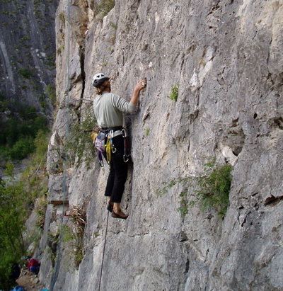 Leading a climb on the Mota Wall