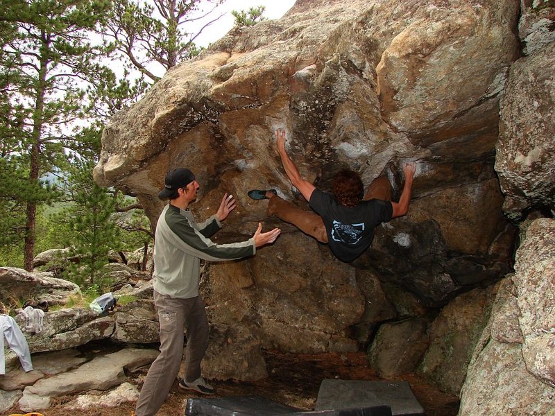 Sugar Plum (given V4 in Friction Addiction but sounds like this same line, maybe V4 with the low right wall?).  Super fun line, Jay gettin' it!