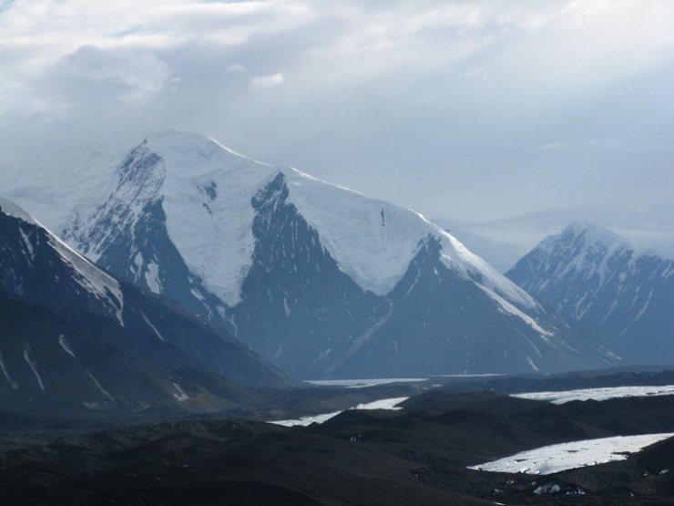 Mt. Brooks viewed from West/Northwest on the Muldrow glacier.  The route is the right hand skyline.