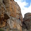 Scorpion Crack on Bluff Major; Andy Anderson belaying Swedish climber Gustav.