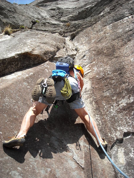 R. Karge cranking through the "5.9" crux on the O.R.