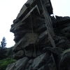 Looking up at the drop test block in position at the bolt above the suspect bolt.