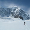 Skiing up the Hubbard Glacier towards ABC at the foot of the south side headwall on the East Ridge.