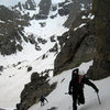 The very beginning of the couloir.  The Sharkstooth dominates the scenery in the distance.