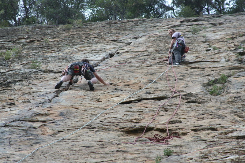 Rob Chaney of Ventura belaying Tim Lister of Oxnard as he makes his way up the first pich of Ending Crack