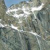 Climber on Broadway, small speck on snowfield.