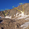 Snow Climbing Routes on James Peak (Edited from post by Shansen on summitpost.org).  Proposed name of the new route is "First Star" Couloir.   