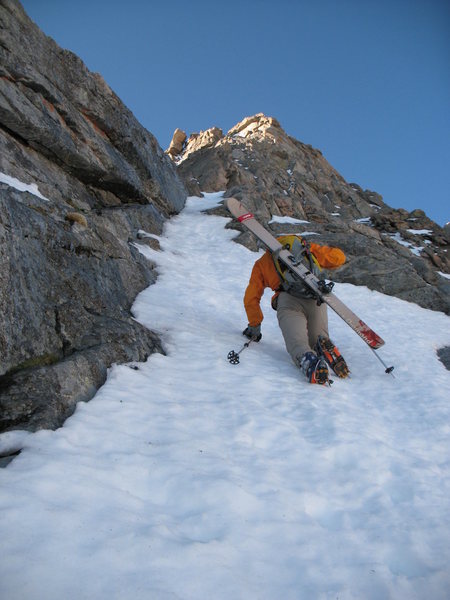 Scottie B. ascending the Brute variation to the Snave route.  This line is a more fun and puts you out right below the main couloir.