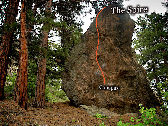 Photo beta for "Conspire A.K.A. Spire Arete."  Located on the "Ponderosa Trail" SOUTH.  Three Sisters Park, Colorado.