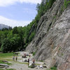 View from the right side of the main crag at Les Gaillands--busy as usual, but plenty of routes to choose from.