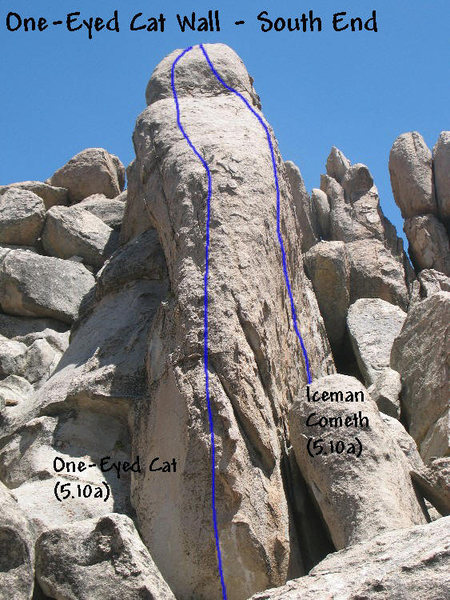 Photo/topo for One-Eyed Cat Wall (South End), Holcomb Valley Pinnacles. <br>
