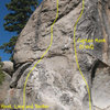 Photo/topo for Peyronie's Wall (East Face), Holcomb Valley Pinnacles <br>
