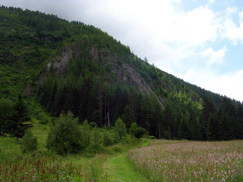 A slightly hidden look at the crag at Vallorcine from the trail--it's easier to spot from town.