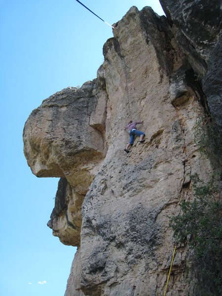 Midway up the steep Tower of Power.  Things start to get difficult here, culminating with a pumpy crux below the chains.  The jutting flake to the left is Triage.