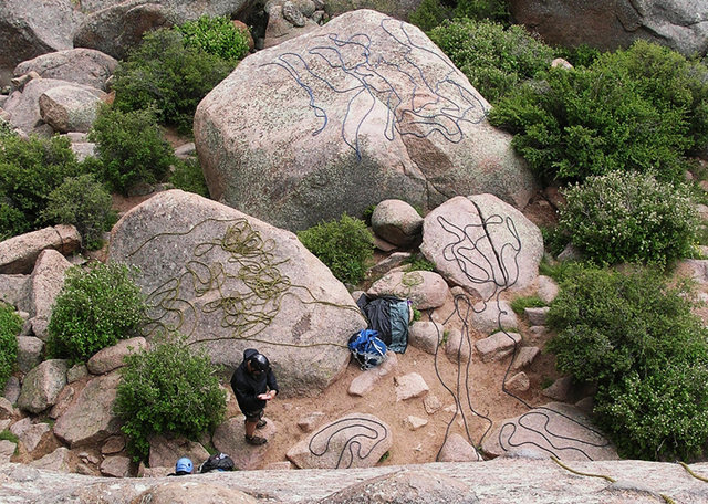 As we came off Walt's Wall, we saw Craig (Luebben) and Dave (uh-oh...) with a class at the base. They had been rained on, as well, and lay out their ropes to dry. The sinuous ropes on the rock made cool patterns.