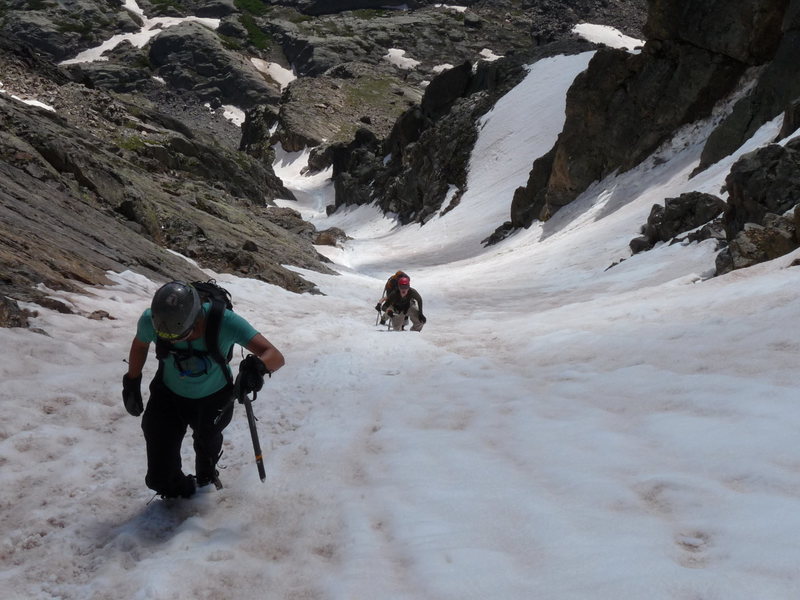 Looking down the couloir from just below the summit. July 4th, 2009.