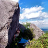 Travis on the "Horizon Line" (v5), on the Horizon Boulder, Highlands Area, GHSP Va