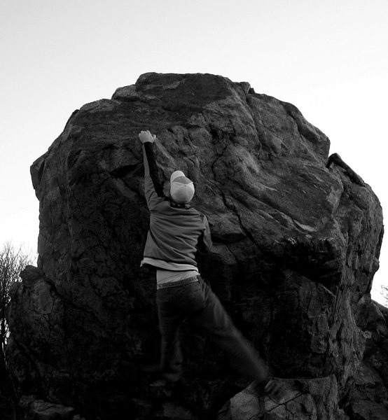 dyno on "Foot Kaput" (V-4) highland Boulders, Grayson Highlands State Park, Virginia.