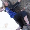 Jordan going for the 3rd move past the starting block on "Foot Kaput", The Lonely Boulder at the Rhododendron Gap Boulders, Grayson, Va