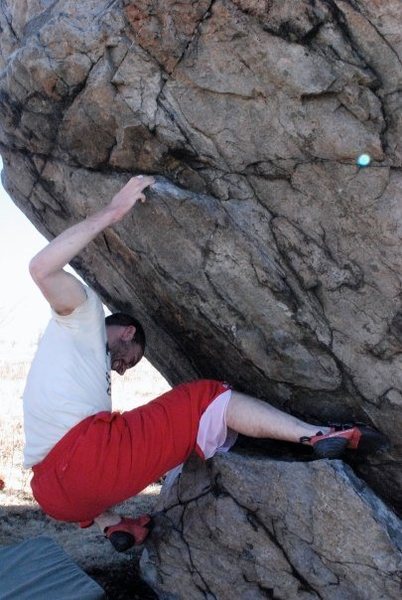 Steve on the starting block start to "Foot Kaput", The Lonely Boulder at the Rhododendron Gap Boulders, Grayson, Va