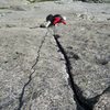 Joe following the 220ft crux pitch on the Barb...