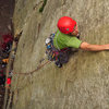 Josh Byford climbing past the shaky flake (covered by his left hand).