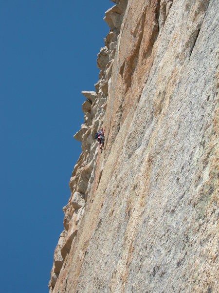 Nate A. onsighting the crux pitch, 7-2-05. <br>
<br>
I will go so far as to say this is one of the finest pitches I've done in the Park.