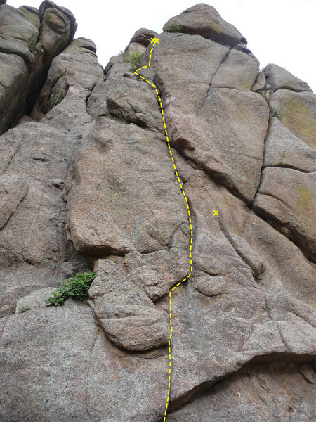 View of the middle and upper portions of Tom Thumb.  Note third bolt on Broken Arrow to the right of the route, which can be clipped with a runner. 