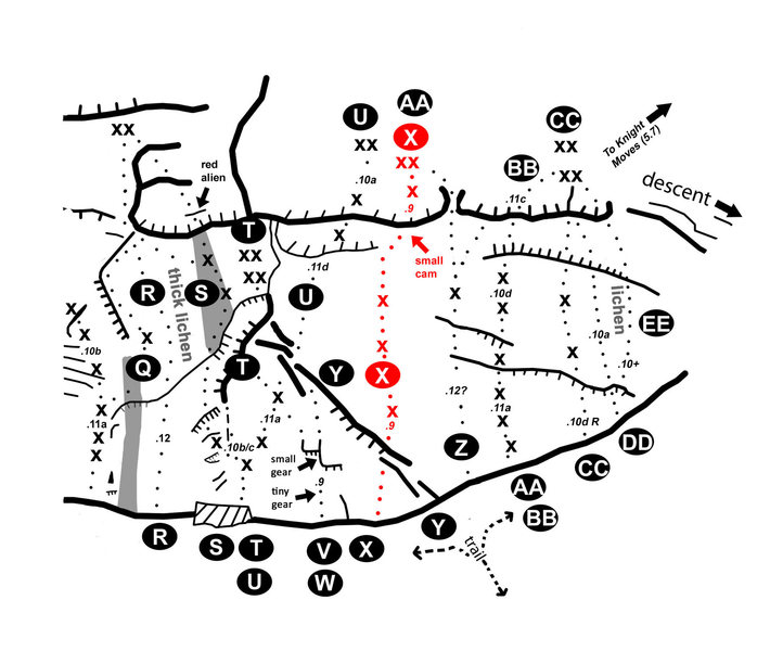 Mouse Maze (5.9) is shown is labeled "X" and is shown in red on the topo. You can lead (if the bolts come back) or set up as a TR by scrambling around to the right. The climb has a good mix of bolts and gear. You'll want to place a solid cam before you go over the upper roof.