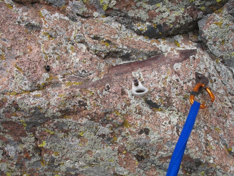 These are your bolt options just before starting a slightly runout ascending traverse on P4.  Enjoy!?