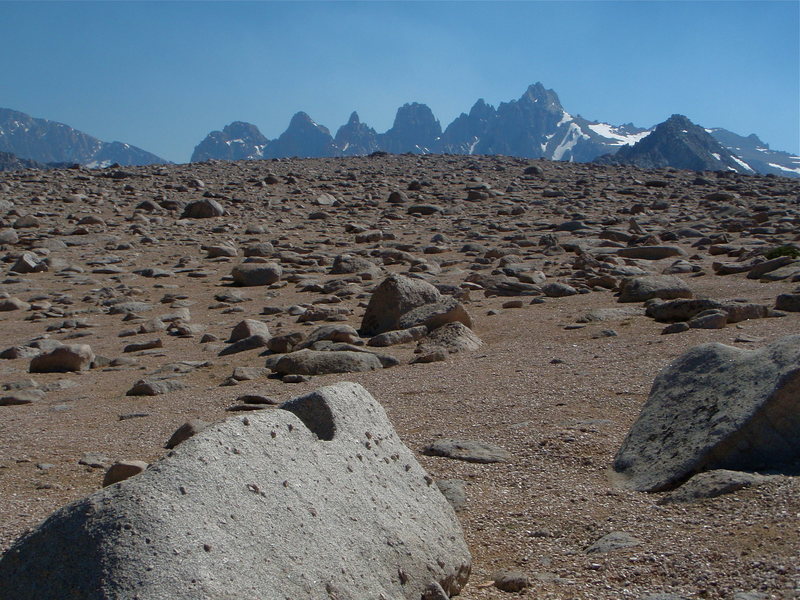 The western shoulder of Lone Pine Peak feels a little lunar. Mount LeConte (right) and the Corcoran Pinnacles in the background.