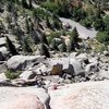 Looking down Edward's Crack from the top.  As can be seen, the middle belay ledge is large enough to hold at least three climbers.  