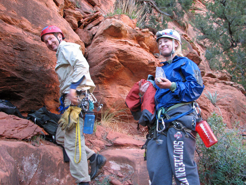 With Gwen after climbing <em>[[105717823]]</em>, April 2009.<br>
<br>
Photo by Lee Jensen.