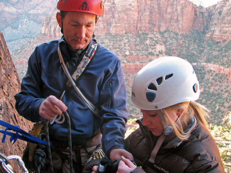 With Gwen at the P1 belay of <em>[[105792804]]</em>, April 2009.<br>
<br>
Photo by Lee Jensen.