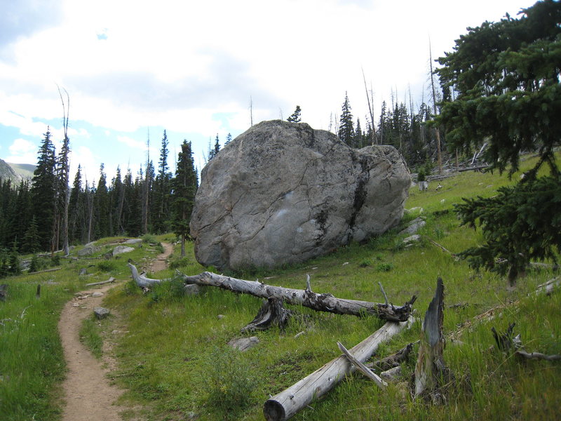 The "Trailside Boulder".  The fork for Area A is 5 minutes beyond this boulder.