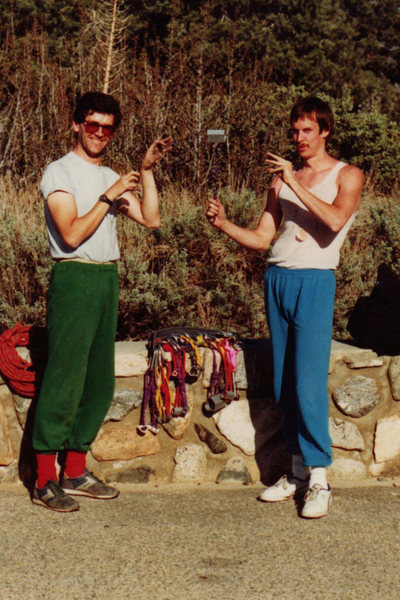 Owen and Savage, and the levitating nut - Punchbowl Parking Lot mid-80's<br>
(c) Mark Goss