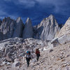 Jodi Levine and Arin Trook descend from Iceberg Lake after a trip up the Mountaineer's Route (January 1, 2001).