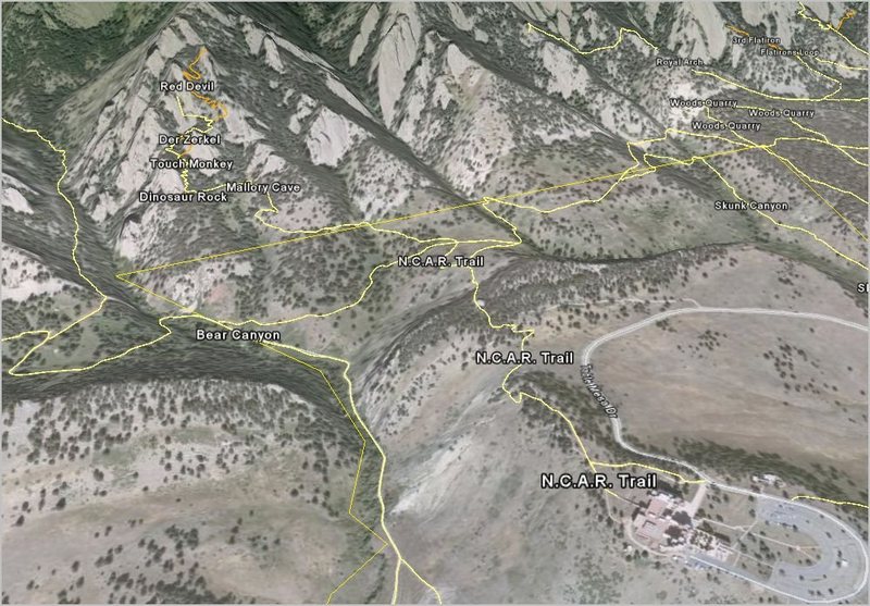 Google Earth image of approach to Dinosaur Mtn