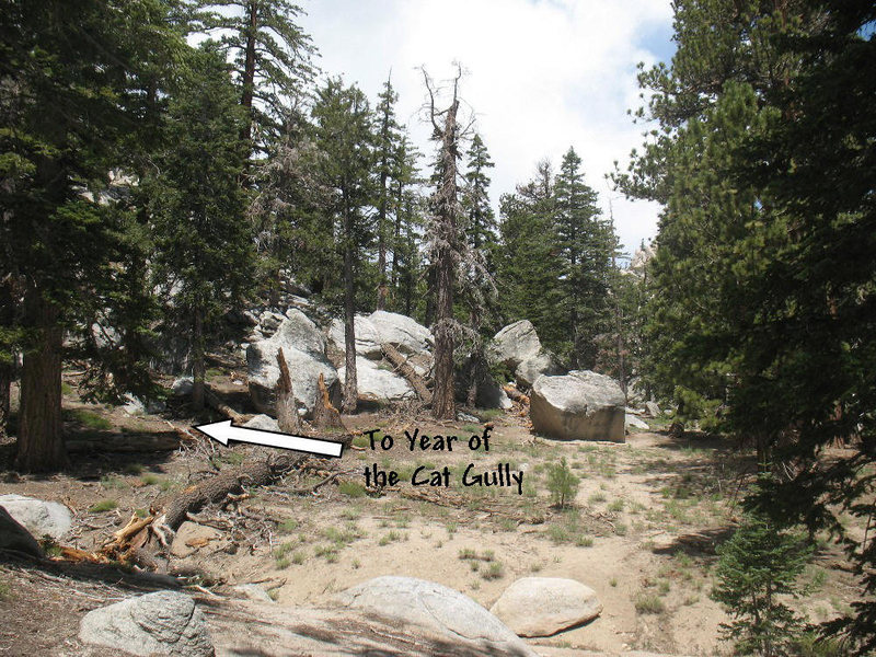 Showing the way to the Year of the Cat Gully from the Abba Boulder, Tramway