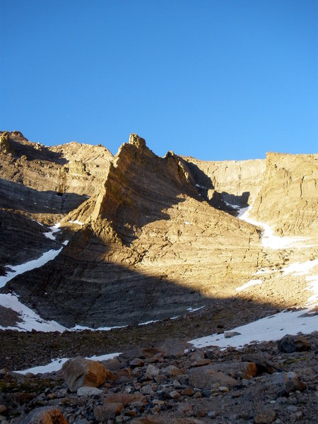 The route follows the left side of the ridge.  Almost exactly where the sun/shadow line is!