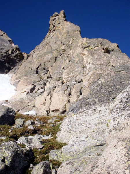 Looking up at the route.  You can simul-climb the first 200 feet or so up the slabs, around the corner, until you feel the need....