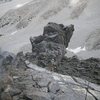 Pitch 10-11, belay from pins. Can you see the rope line? down, up and over. (photo: s.b.)<br>
<br>
Don't jump up and down too hard on this leaning pile of prominence.  Or it just might... 