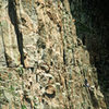 Pitch 4. The crux of Goat Food is the shaded corner on the left side of the picture.<br>
Photo: Dan Gambino.