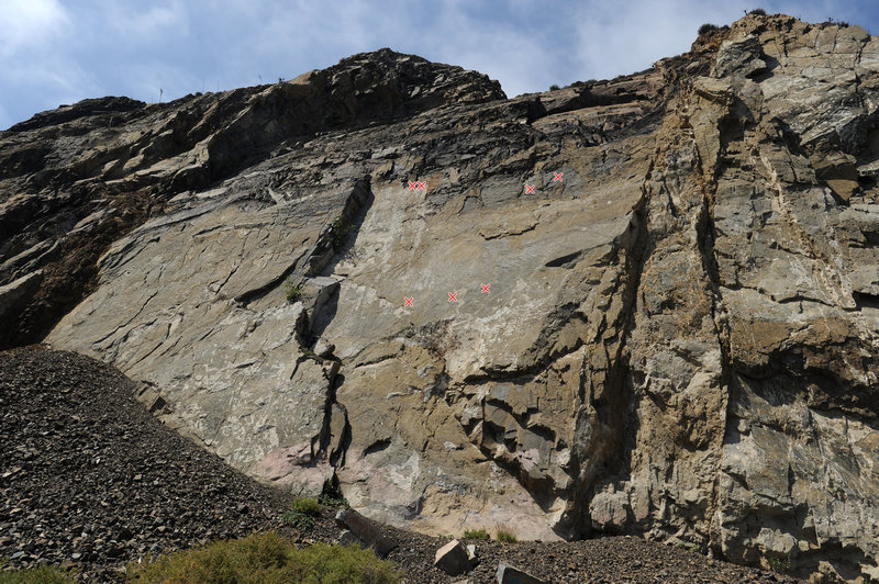 Route topo for Classic Dihedral, at Mugu Slab.  Included in the photo are bolts from nearby routes.  There are also several hangerless and broken bolts on the slab to the right.