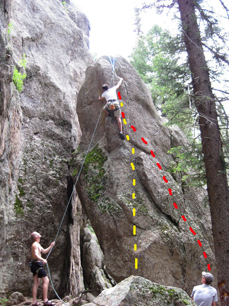 Yellow is bolted route and about a 5.8. The Red is a top rope route V1 problem.